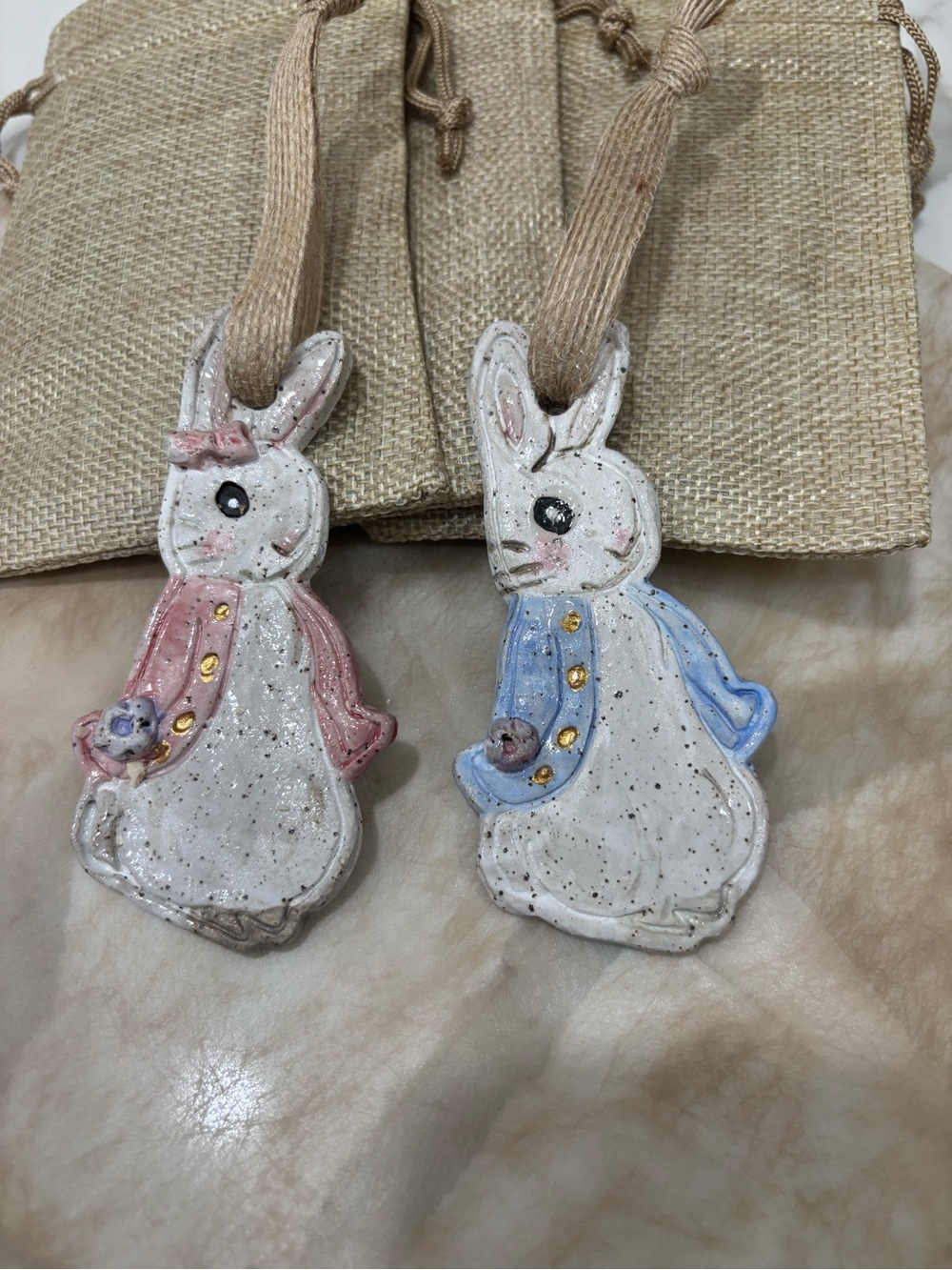 Peter Rabbit and Flopsy Bunny Beatrix Handmade Pottery Ornaments, Tags